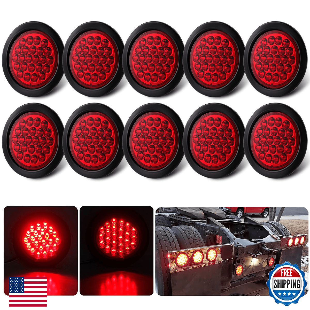10Pcs 4" Inch Round Red LED Trailer Tail Lights 24 LED 4" Round LED Stop Turn Ta - Image 1