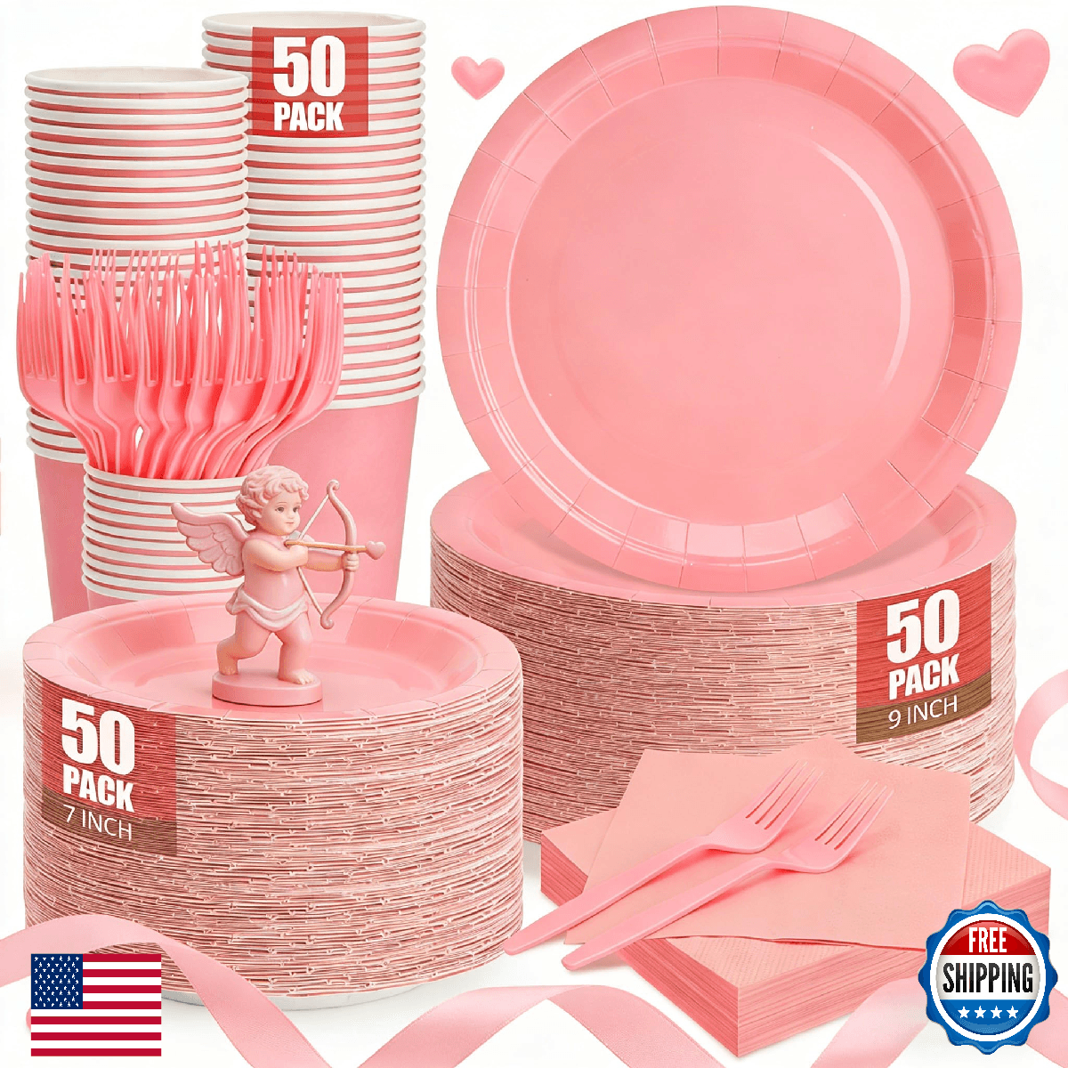 CENLBJ Pink Party Supplies: Plates, Napkins, Cups, Forks - Set for 50 Guests - Image 1