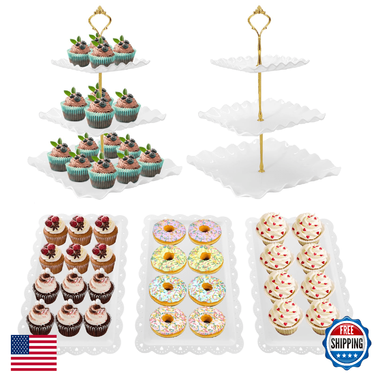 NAXIHOPT 5 Pcs Dessert Table Display Set, White Plastic 2 Pcs Square 3 Tier Cupc - Image 1