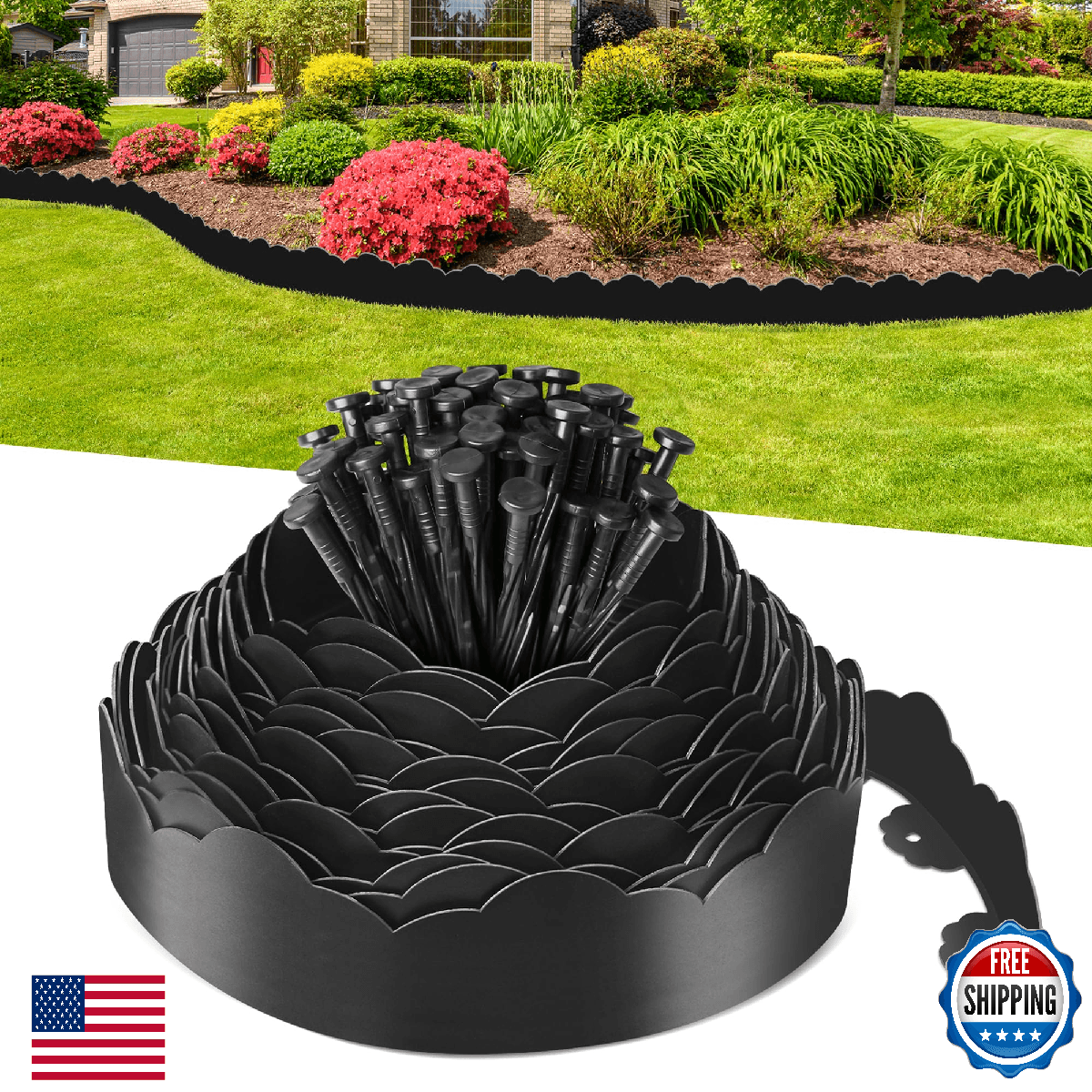 No-Dig Landscape Edging 4"x49FT Cloud Design w/ 75 Spikes Garden Border - Image 1
