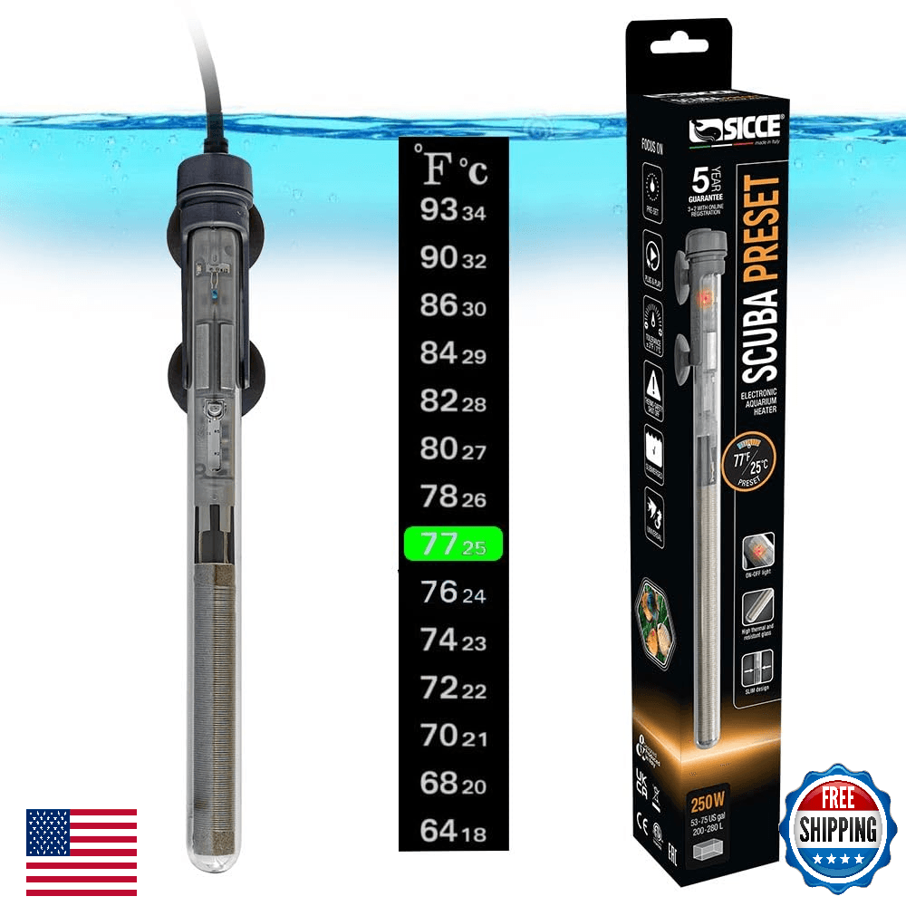 Sicce Scuba 250W Aquarium Heater - Preset 77°F for up to 75 Gallon Fish Tank - Image 1