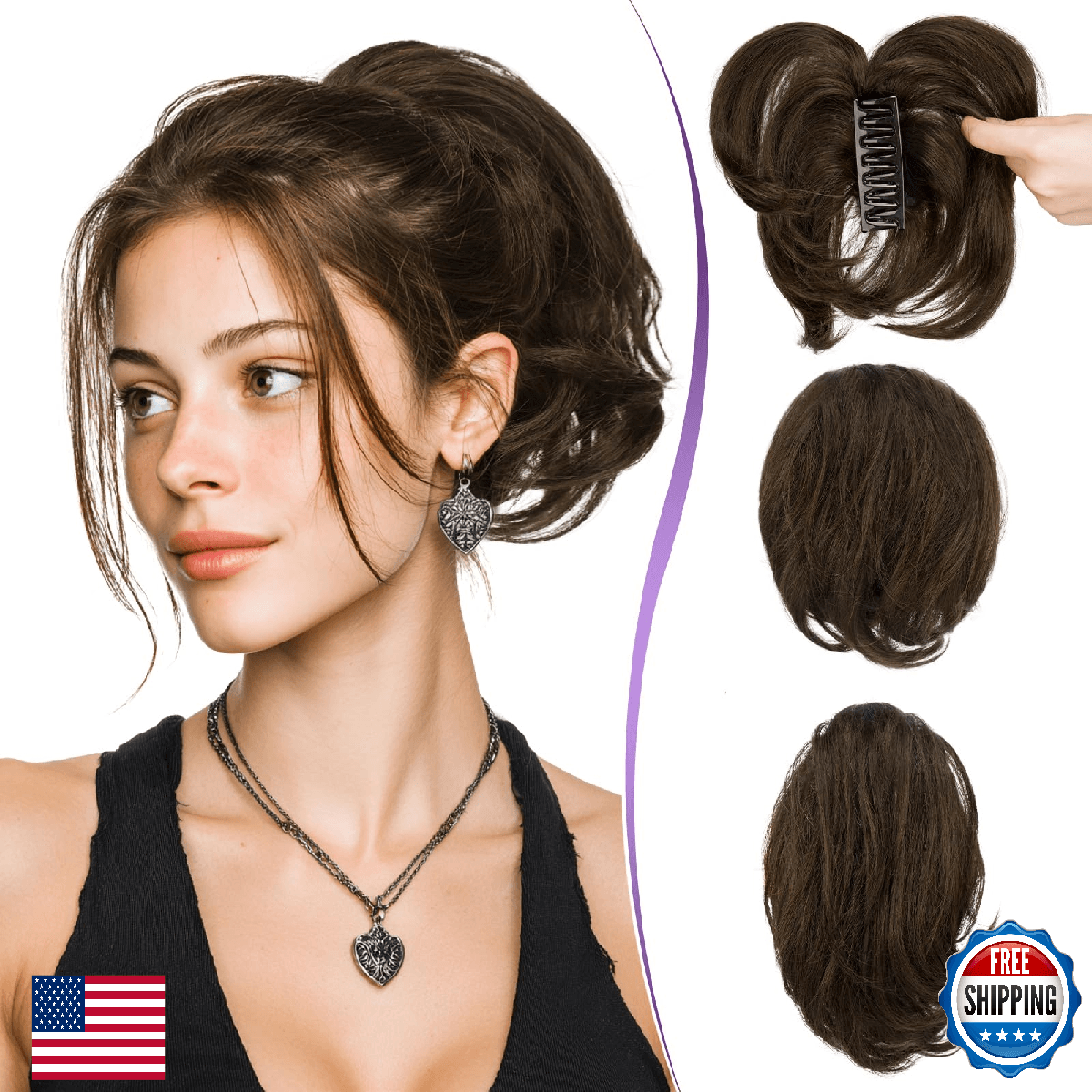 RUWISS Claw Clip Short Human Hair Ponytail Extension with Bendable Metals for DI - Image 1