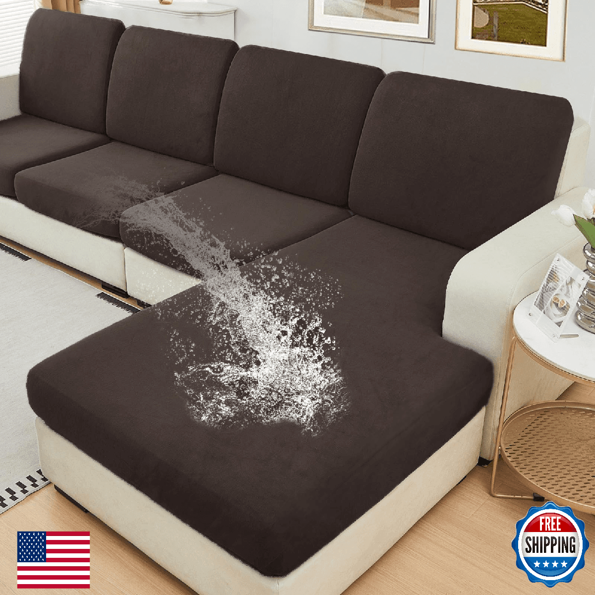 NAISI Waterproof Velvet L-Shape Sectional Sofa Cushion Covers - 3 Seat + Chaise - Image 1
