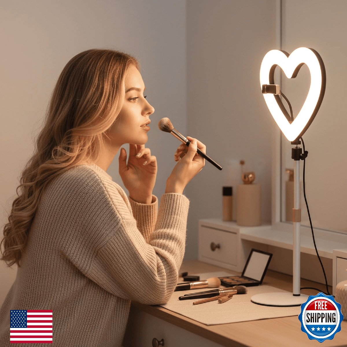 NANBEITONG Heart RGB Ring Light with Stand, Desk Tabletop, 47 Colors, US - Image 1