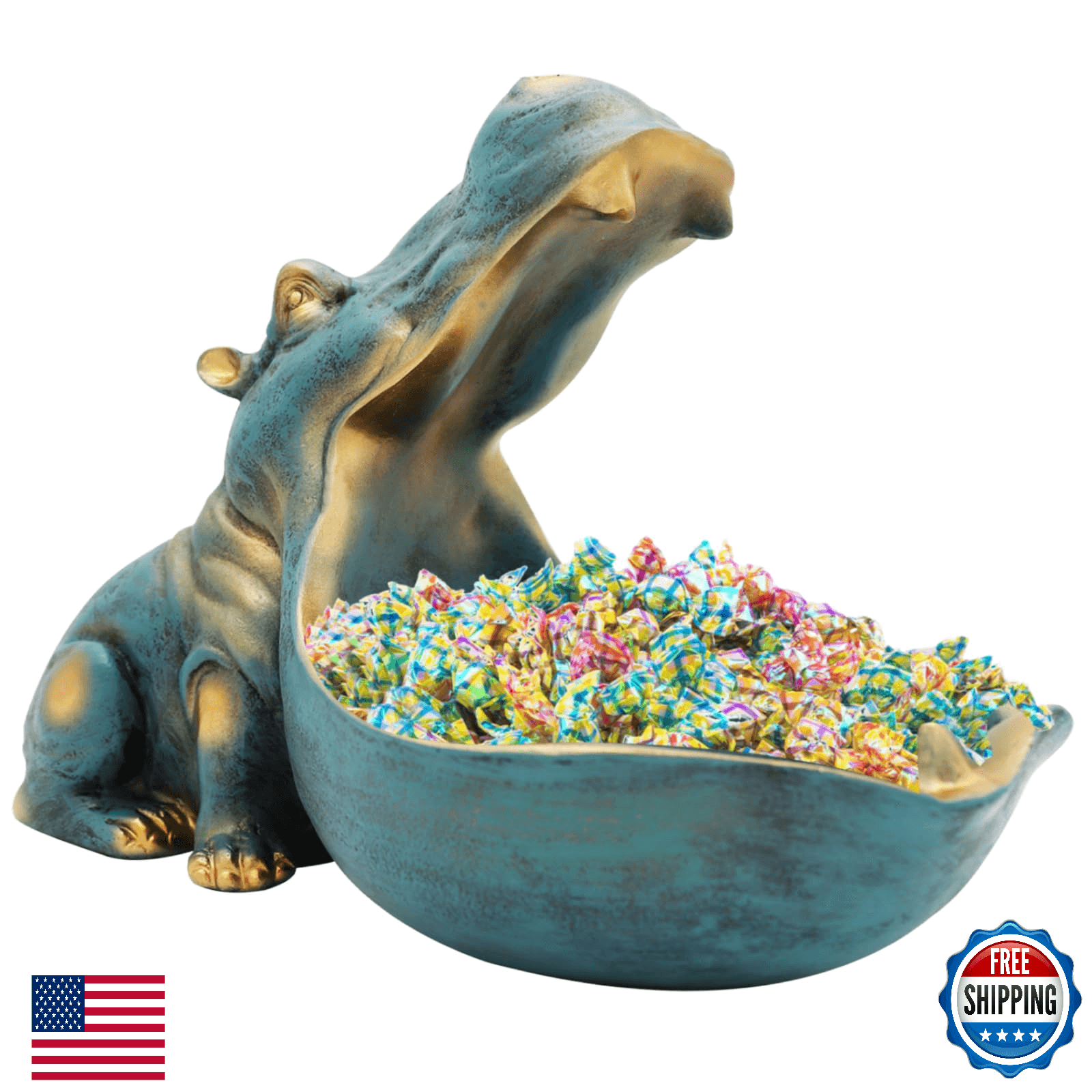 aboxoo Large Hippo Statue Figurine Home Sculpture Resin Candy Jar Decor Dark Blu - Image 1