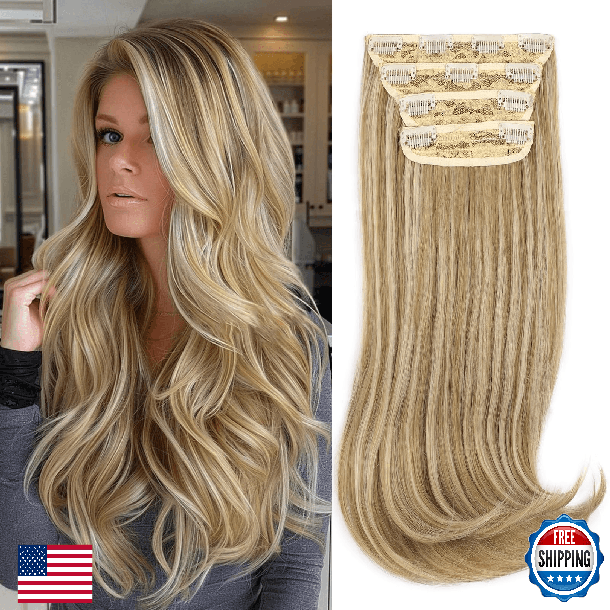 FREEMEIGE Blonde Straight Layered Clip-in Hair Extensions 20" Thick - Image 1
