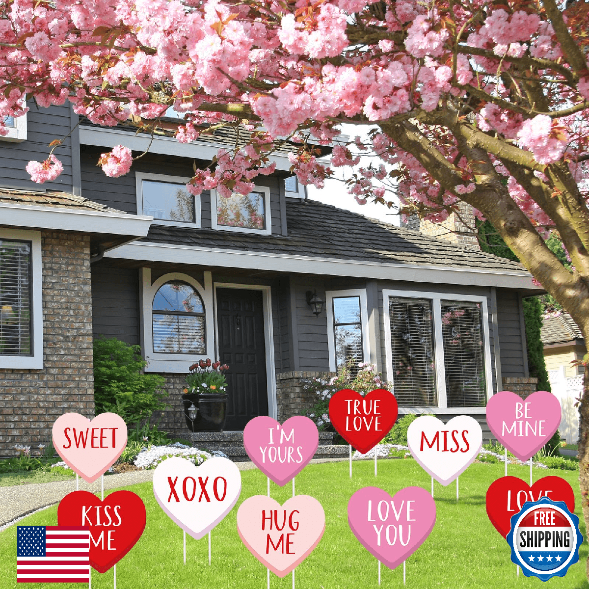 Whaline 10 Valentine's Day Yard Signs with Stakes, Red Pink White Hearts - Image 1