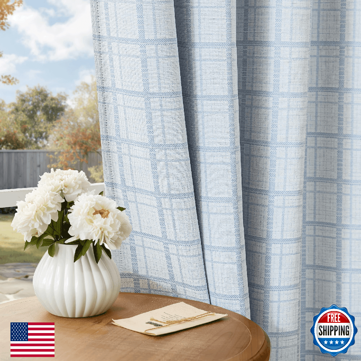 Beauoop Blue Plaid Jacquard Blackout Curtains 84 Inches Long 2 Panels for Bedroo - Image 1