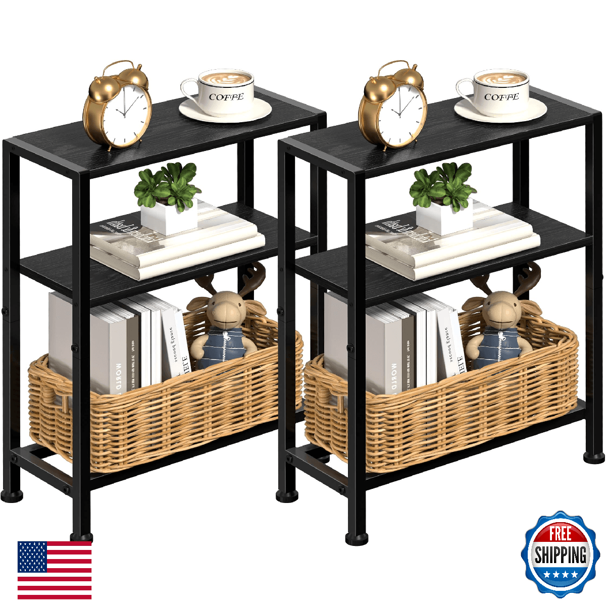 Homedawn 2-Tier Narrow Side Table Set of 2 for Small Spaces Black - Image 1