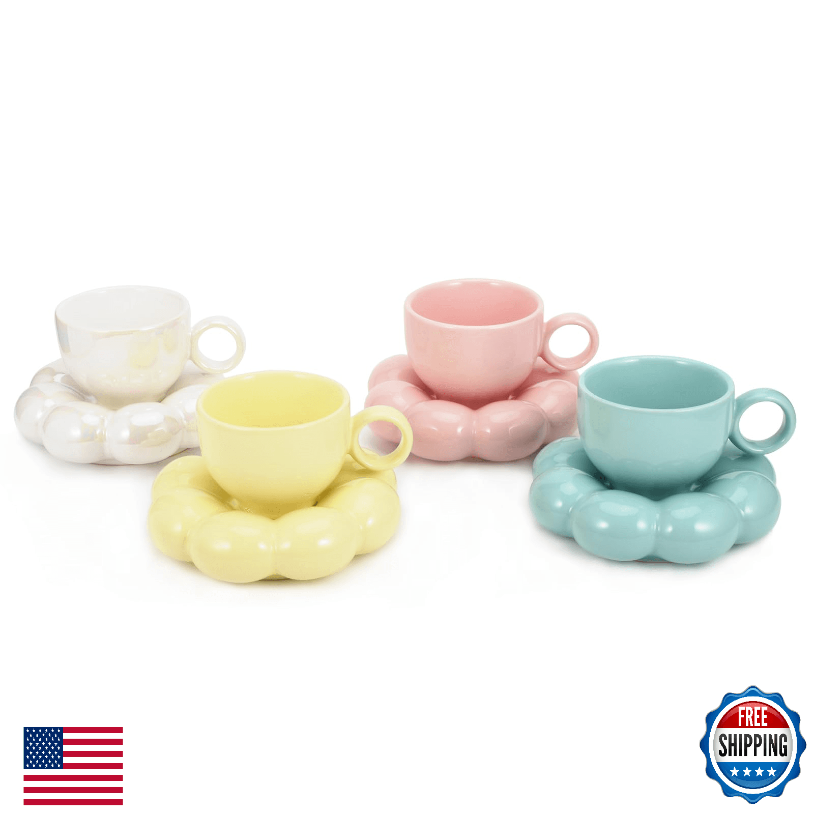 Koythin 4 Pieces Ceramic Sunflower Mug Saucer Set, Creative Cute Cup with Cloud - Image 1