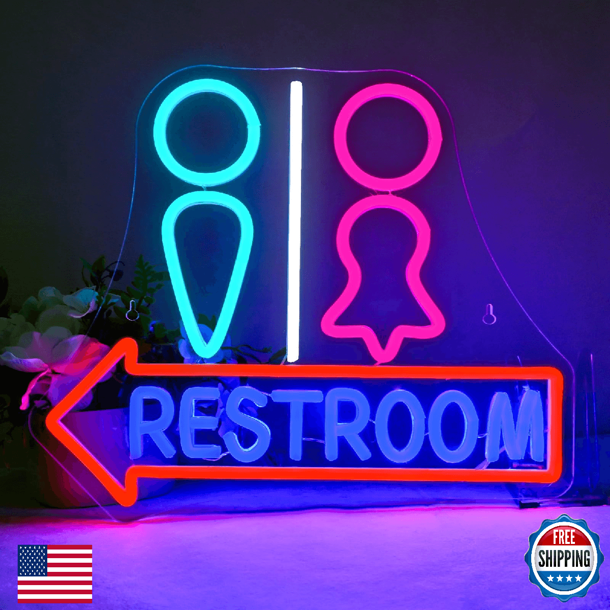 Restroom with Arrow Neon Signs for Wall Decor Dimmable LED Gender Bathroom Sign, - Image 1