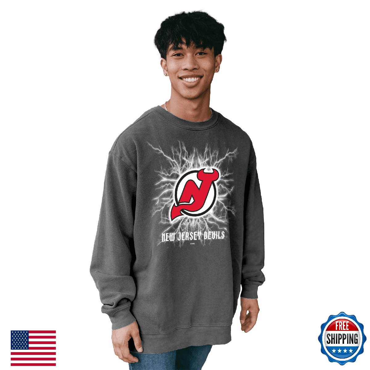 New Jersey Devils NHL Officially Licensed Crewneck Sweatshirt Ringspun Electric - Image 1