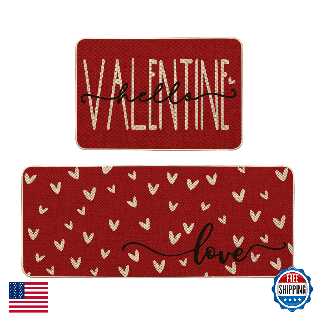 Artoid Mode Red Love Heart Hello Valentine's Kitchen Mats Set of 2 Home Decor Lo - Image 1