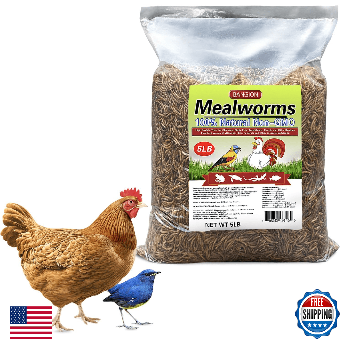 BANGION Organic Dried Mealworms 5 LB - Non-GMO, High Protein for Chickens & Bird - Image 1