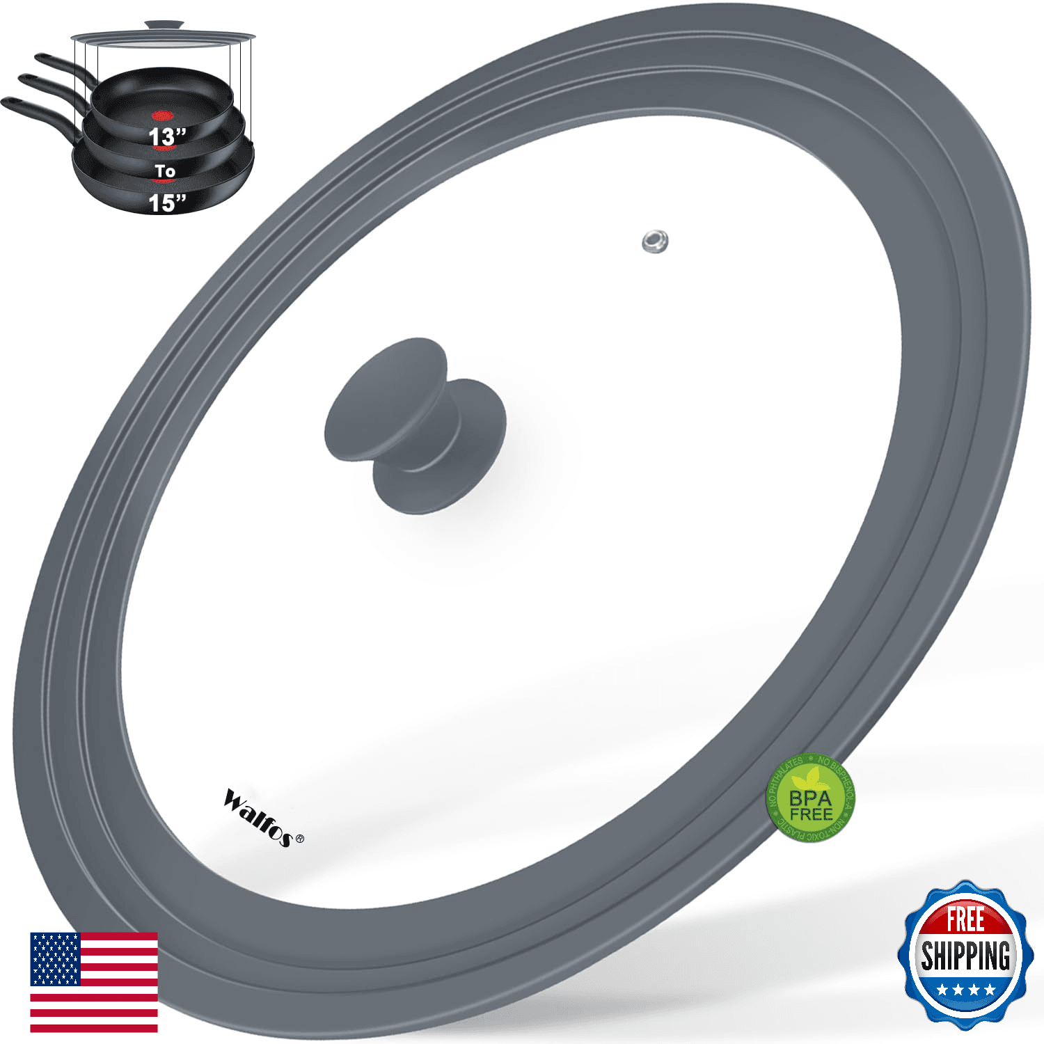 Walfos Universal Lid for 13", 14" and 15" Diameter Cookware - Tempered Glass Pan - Image 1
