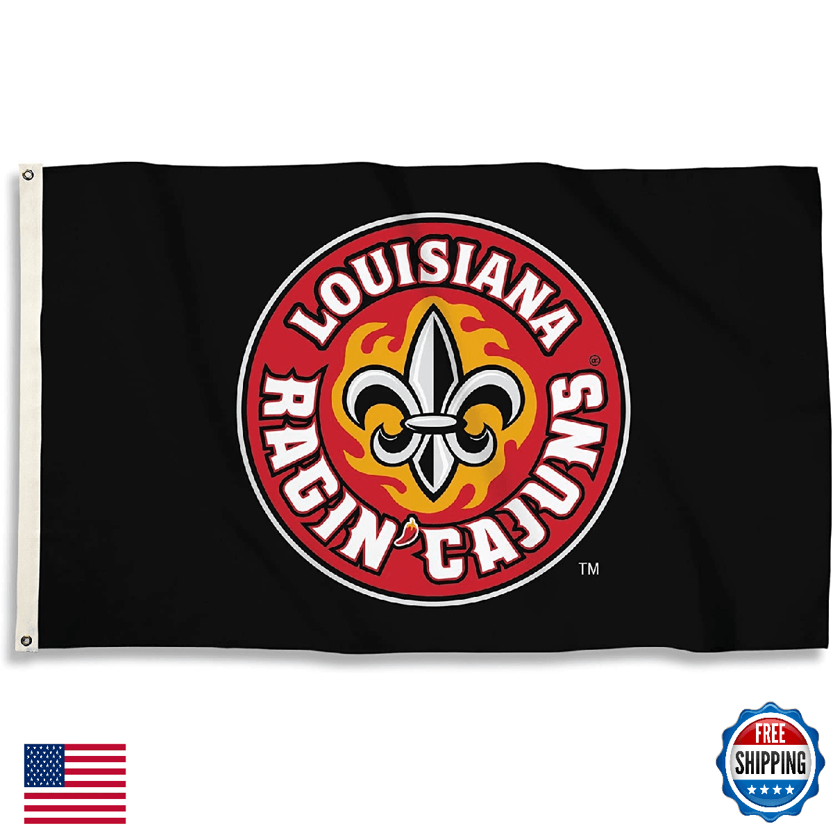BSI NCAA Louisiana Lafayette Ragin' Cajuns Flag w/ Grommets, 3x5ft, Black - Image 1