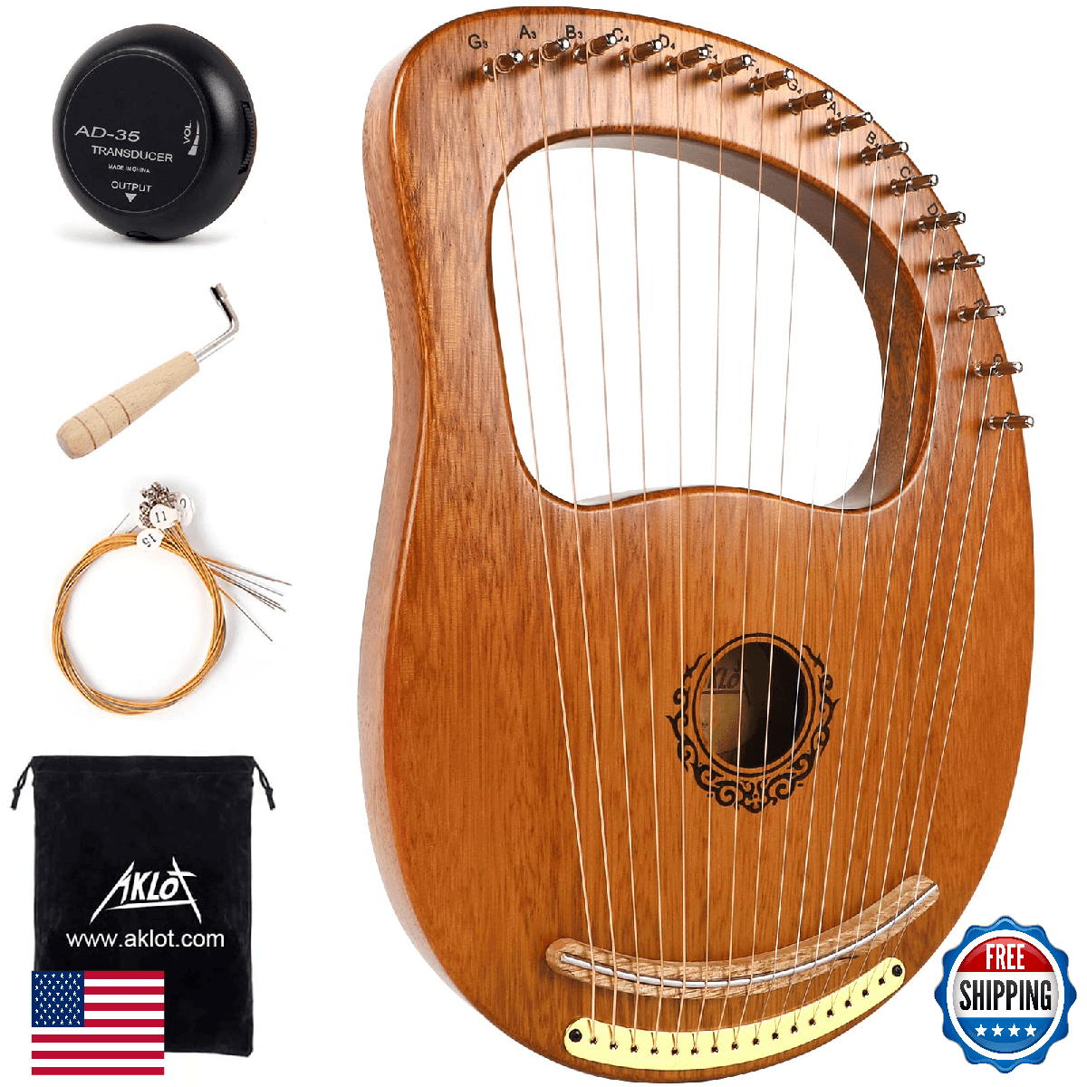 Lyre Harp, AKLOT 16 Metal Strings Maple Saddle Mahogany Body Lyra Harp with Carv - Image 1