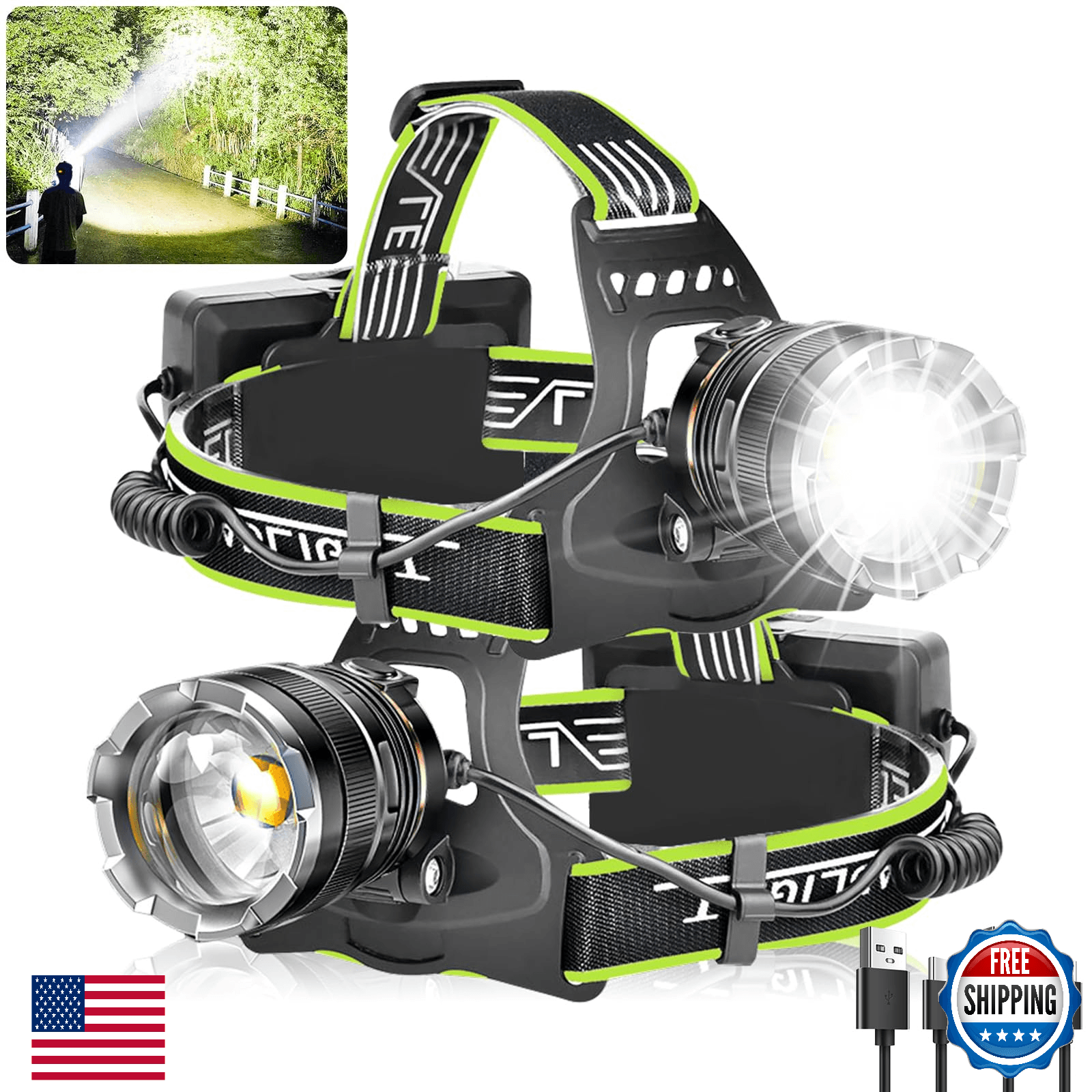 Aikertec Rechargeable Headlamp 2 Pack, Super Bright Headlamp for Adults, IPX7 Wa - Image 1