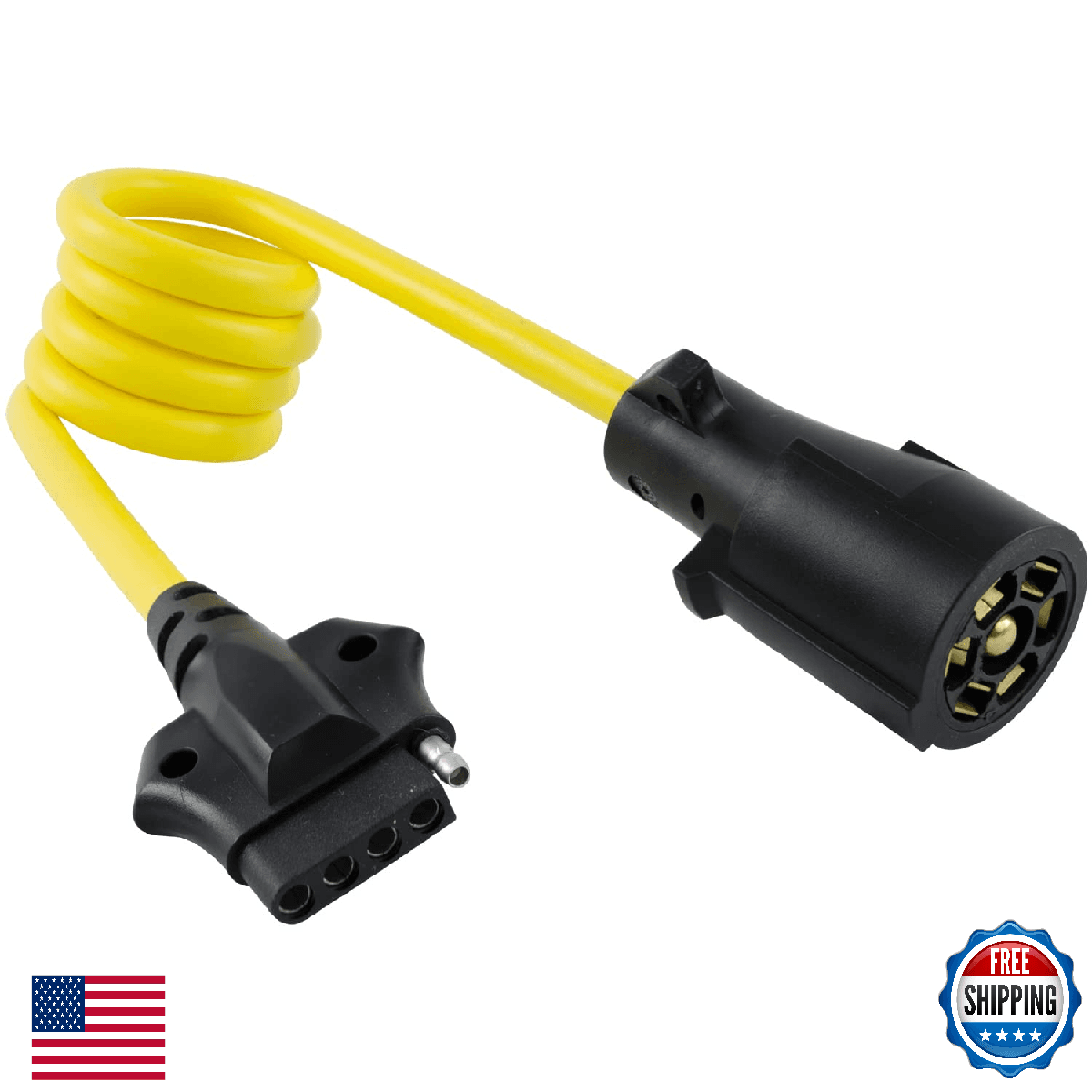 Conntek 7-Way Blade to 4/5 Flat Trailer Coiled Cord 4ft Yellow - Image 1