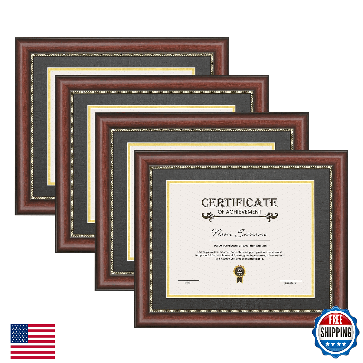 Diploma Frame w/ HD Tempered Glass, 8.5x11 Display, Black Over Gold Mat - Image 1