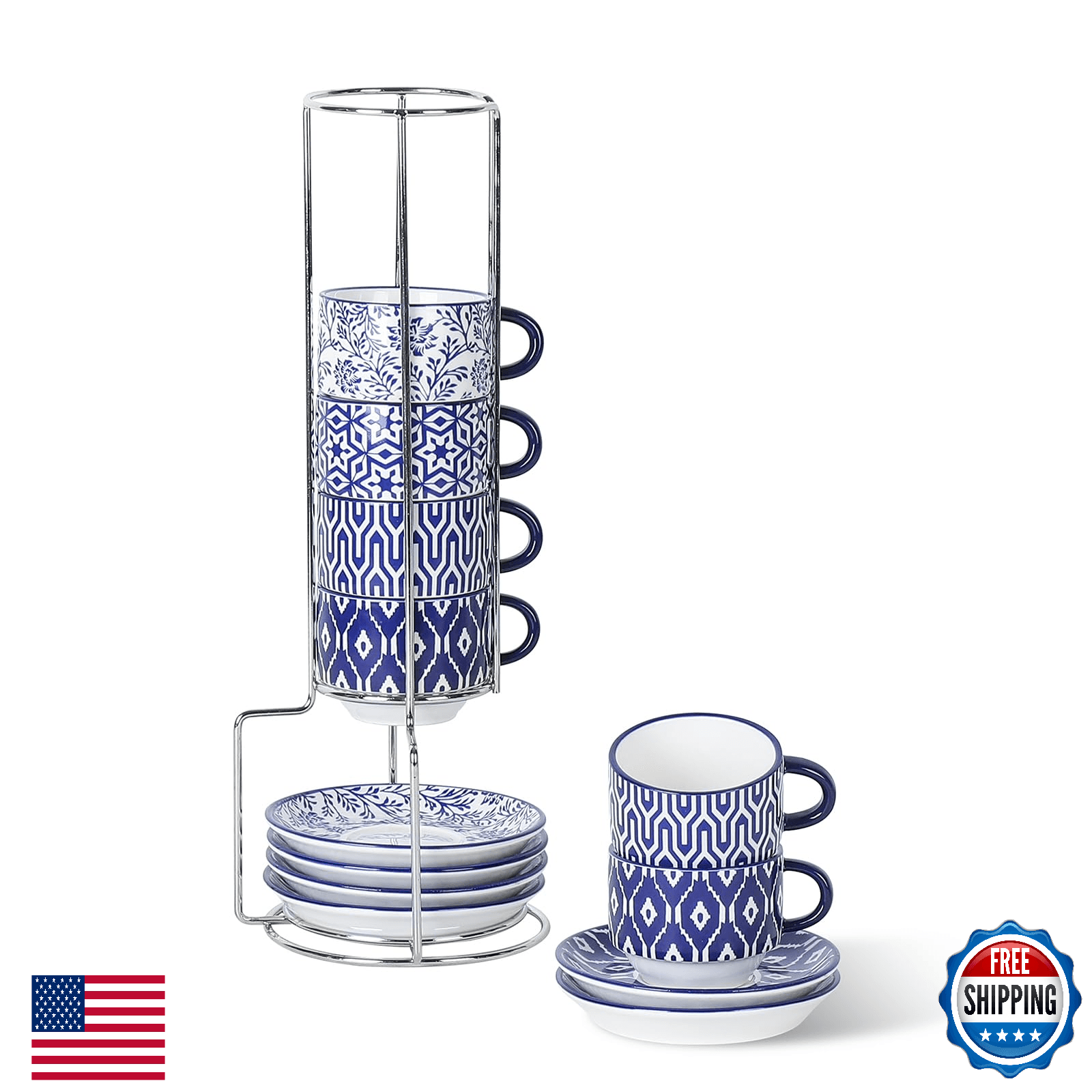 Selamica 2.5oz Stackable Ceramic Espresso Cups & Saucers Demitasse Set - Image 1