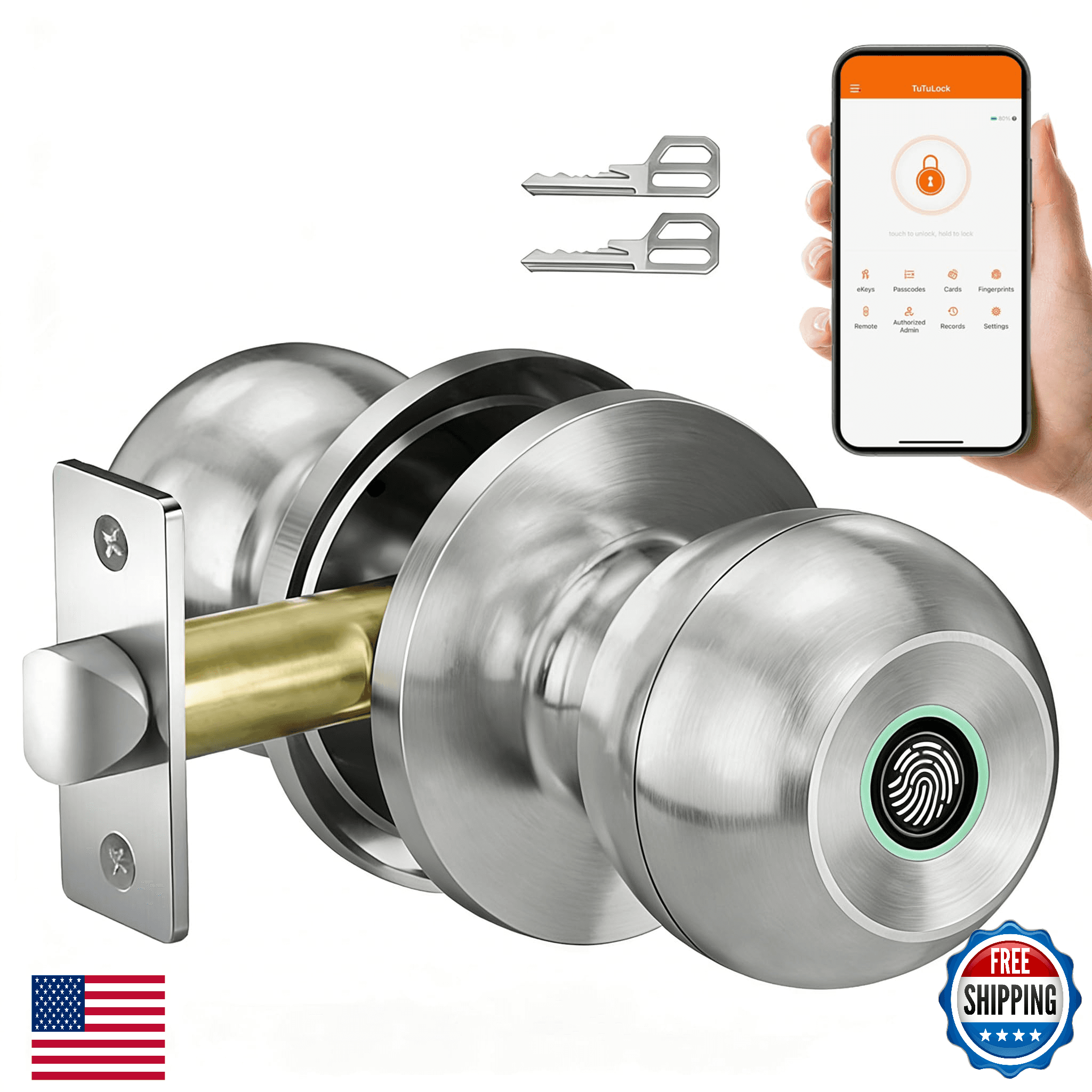 EUERTE Smart Fingerprint Door Knob, Biometric Smart Door Lock with App - Image 1