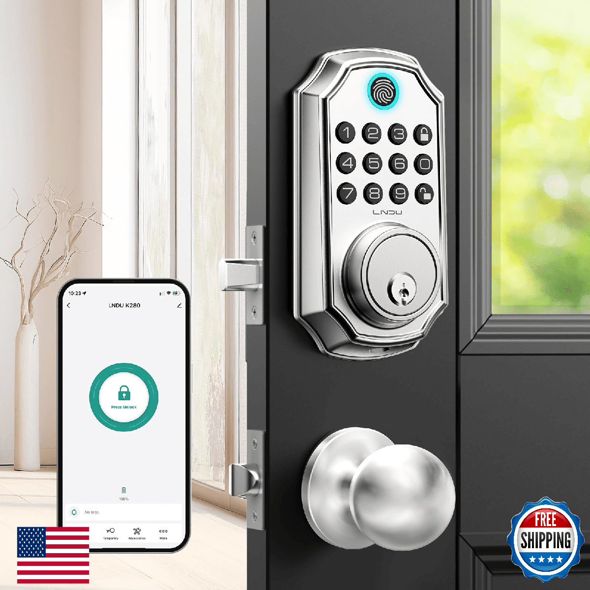 Keyless Entry Door Lock w/Handle, App Control, Fingerprint, Auto-Lock, Smart - Image 1