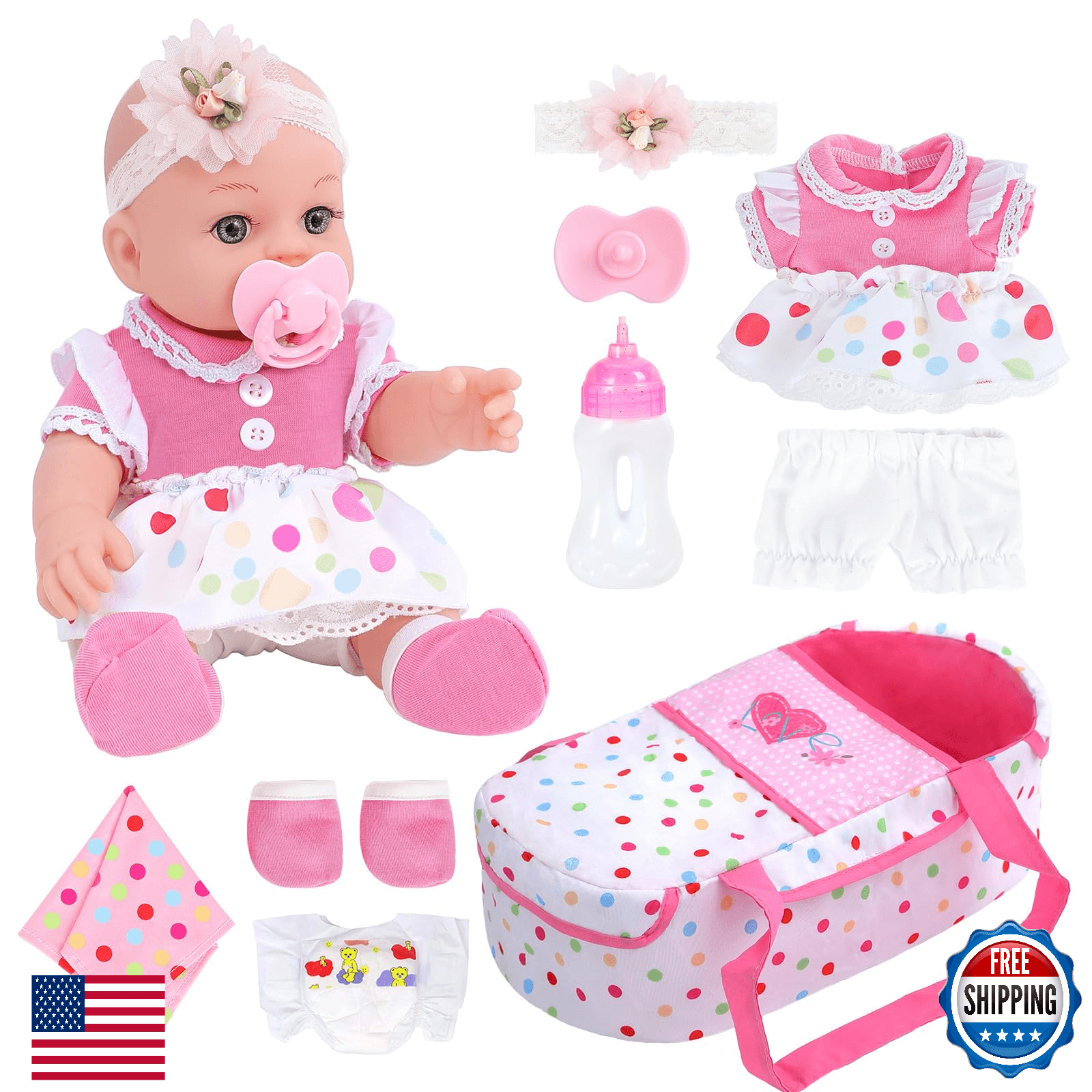 DONTNO 12 Inch Baby Doll with Bassinet Bed,Reborn Alive Doll Includes Clothes an - Image 1