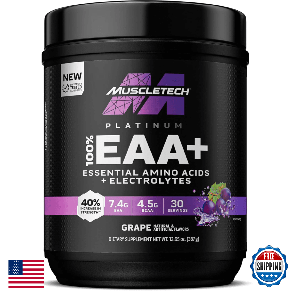 MuscleTech Platinum EAA+ Electrolytes Pre-Workout Powder Grape 30 Servings - Image 1