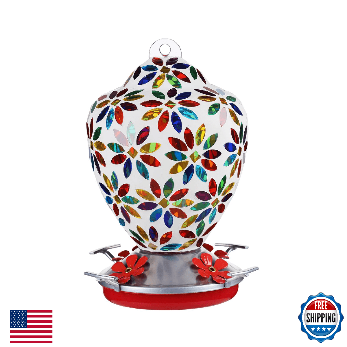 VOREEN Glass Mosaic Hummingbird Feeders, 35OZ with Ant Moat & 4 Feeding Ports, H - Image 1