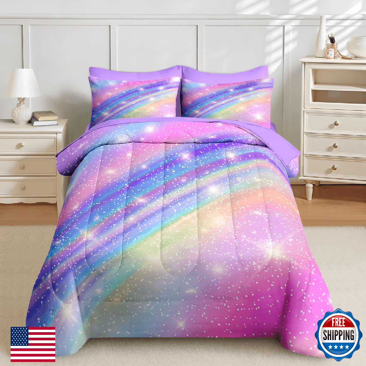 Nesker 5 Pcs Comforter Set Twin Size, Pink Gradient Star Colorful Glitter Beddin - Image 1