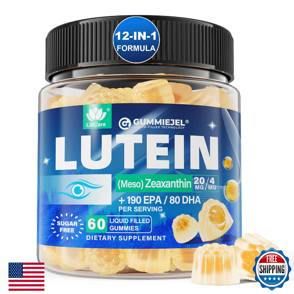 Sugar Free Lutein 20mg/4mg Zeaxanthin & Omega-3 Gummies for Eye Health Vision - Image 1