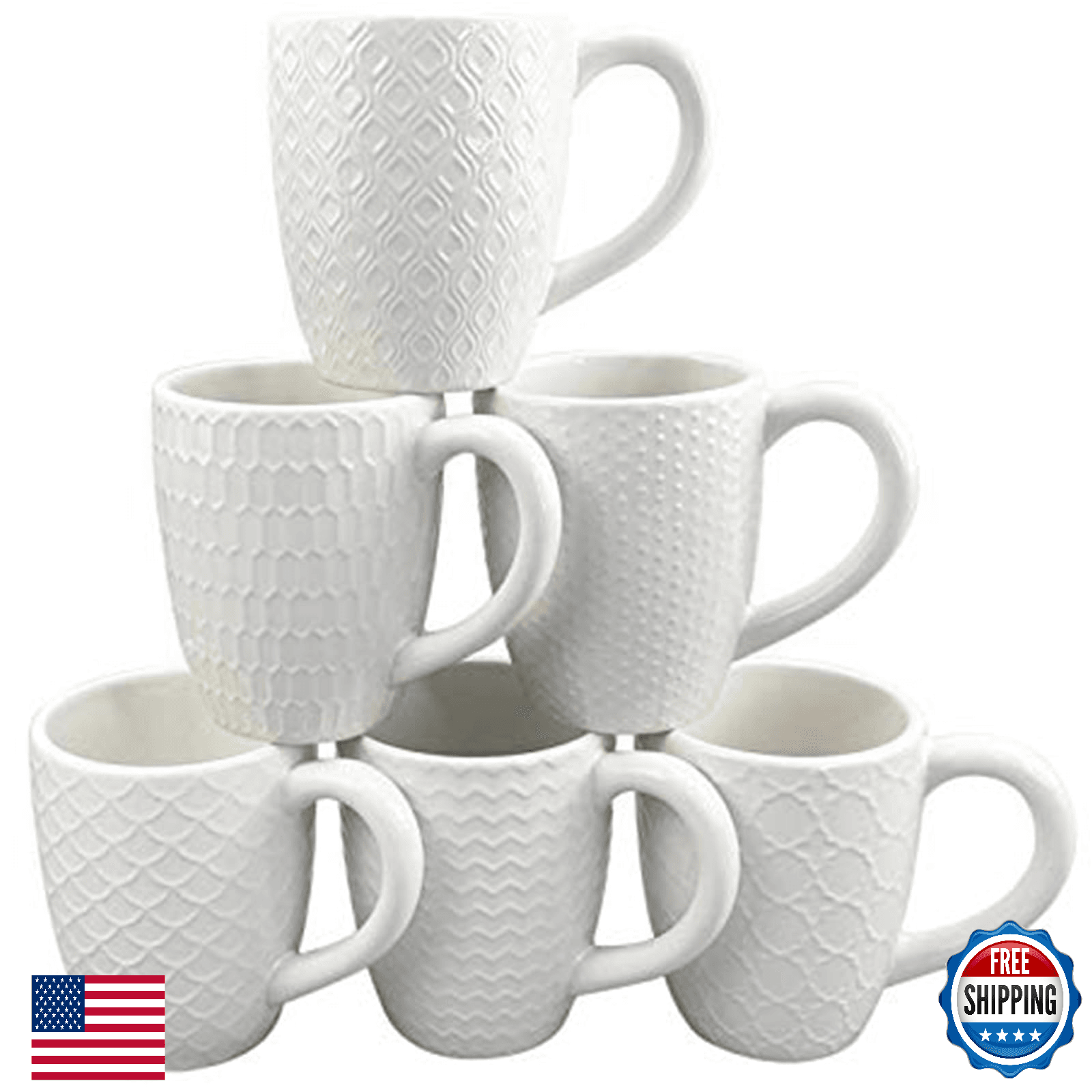Schliersee 16 OZ Coffee Mugs Set of 6 White Ceramic Geometric Pattern Coffee Cup - Image 1