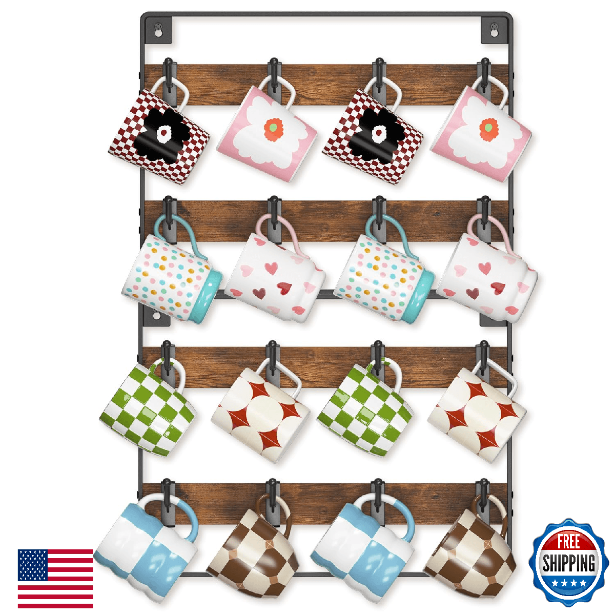EsLuker.ly Mug Holder Hanger Rack Wall Mounted Wooden 2 Pack Coffee Cup Storage - Image 1