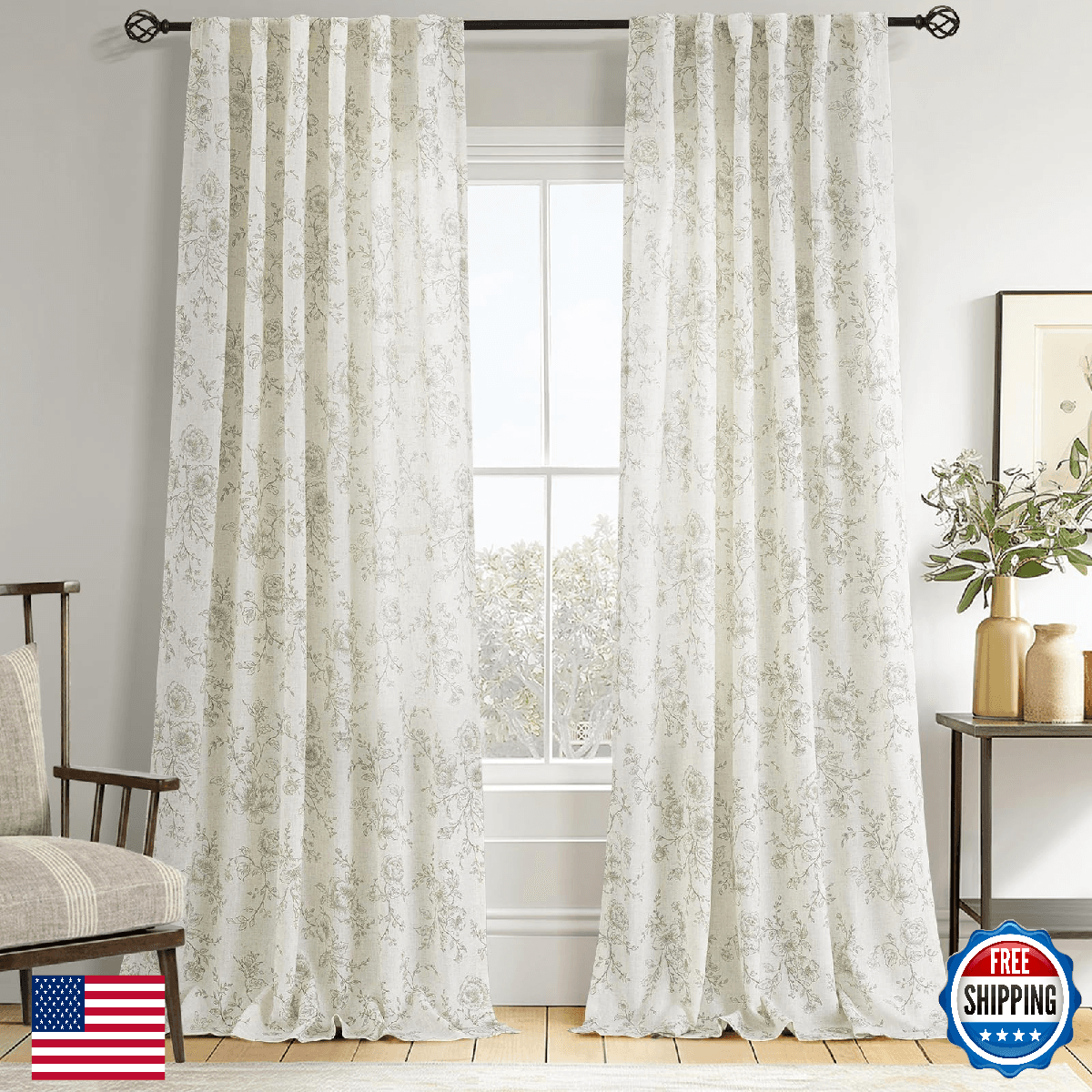 Green Floral Curtains 84 inch Length Back Tab Farmhouser Living Room Light Filte - Image 1