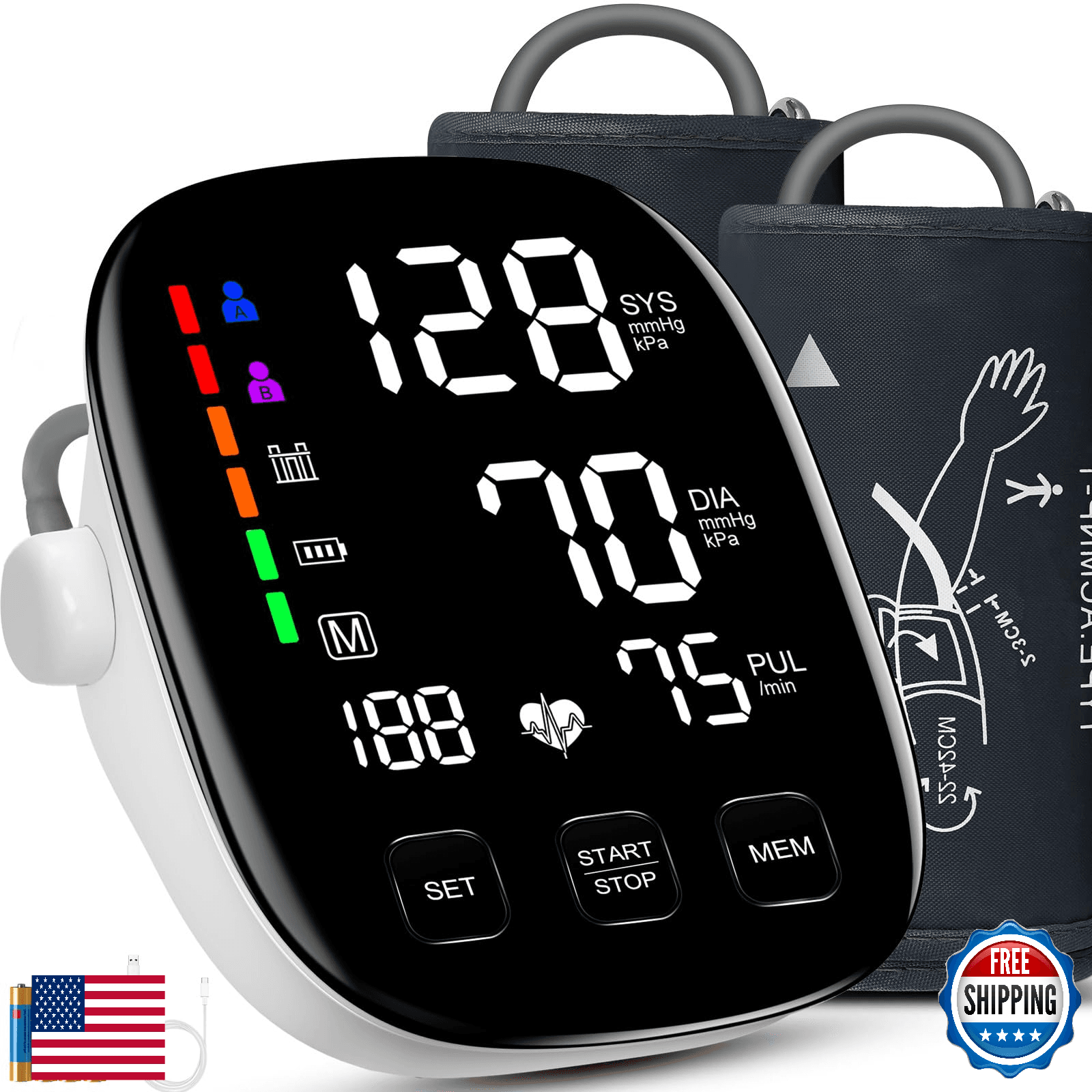 Blood Pressure Monitor for Home Use 6in LED Display Upper Arm Cuff 2 Cuffs - Image 1
