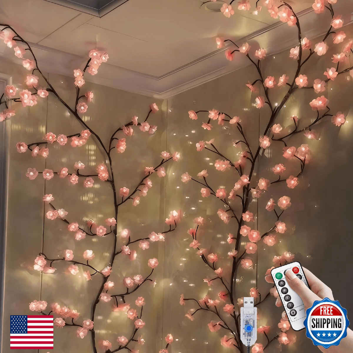 Cherry LED Tree Branch Lights for Wall, Cherry Blossom Willow Vine Twig Decor Ga - Image 1