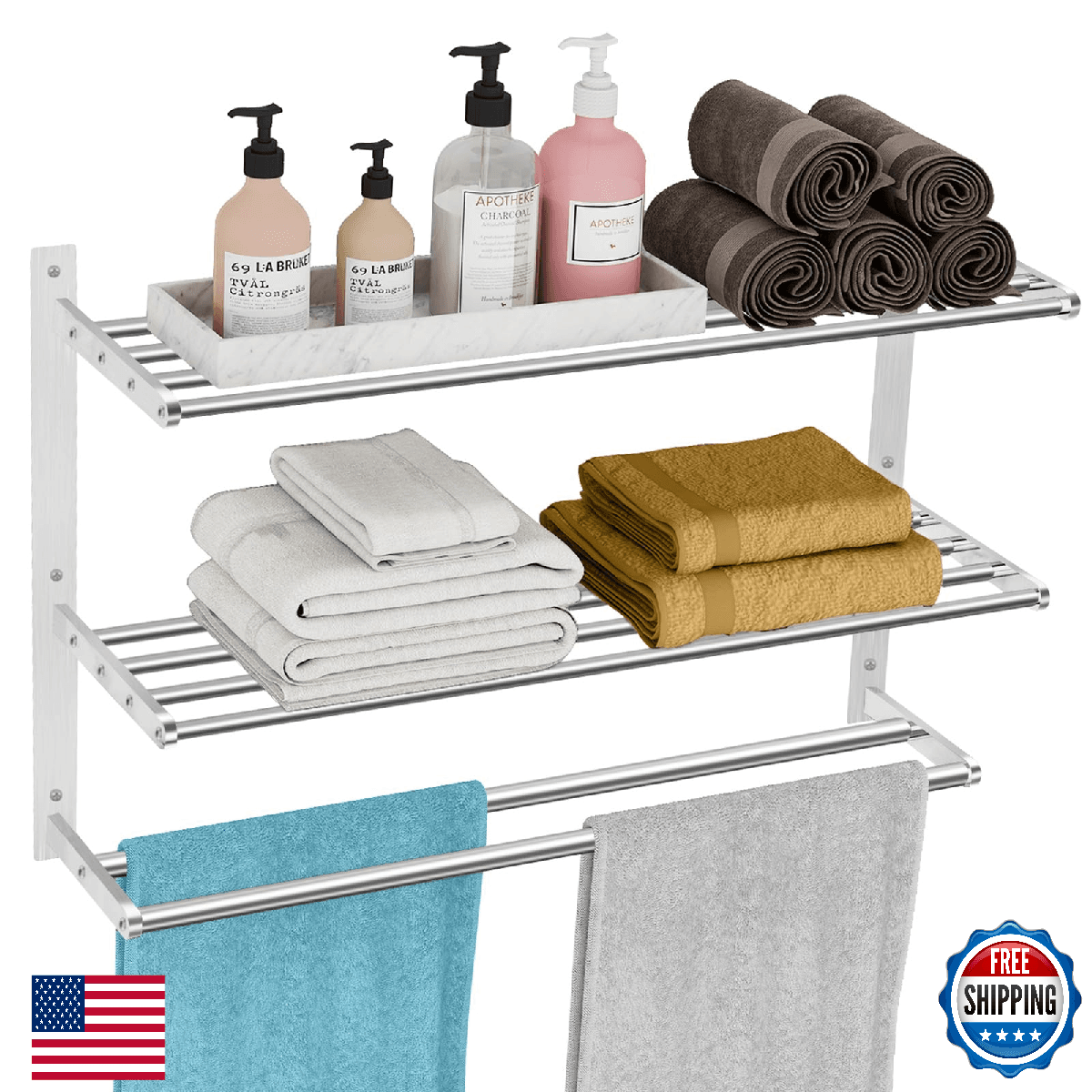 Bathroom Towel Rack 24", 3 Tier Towel Racks for Bathroom Wall Mounted, Bathroom - Image 1