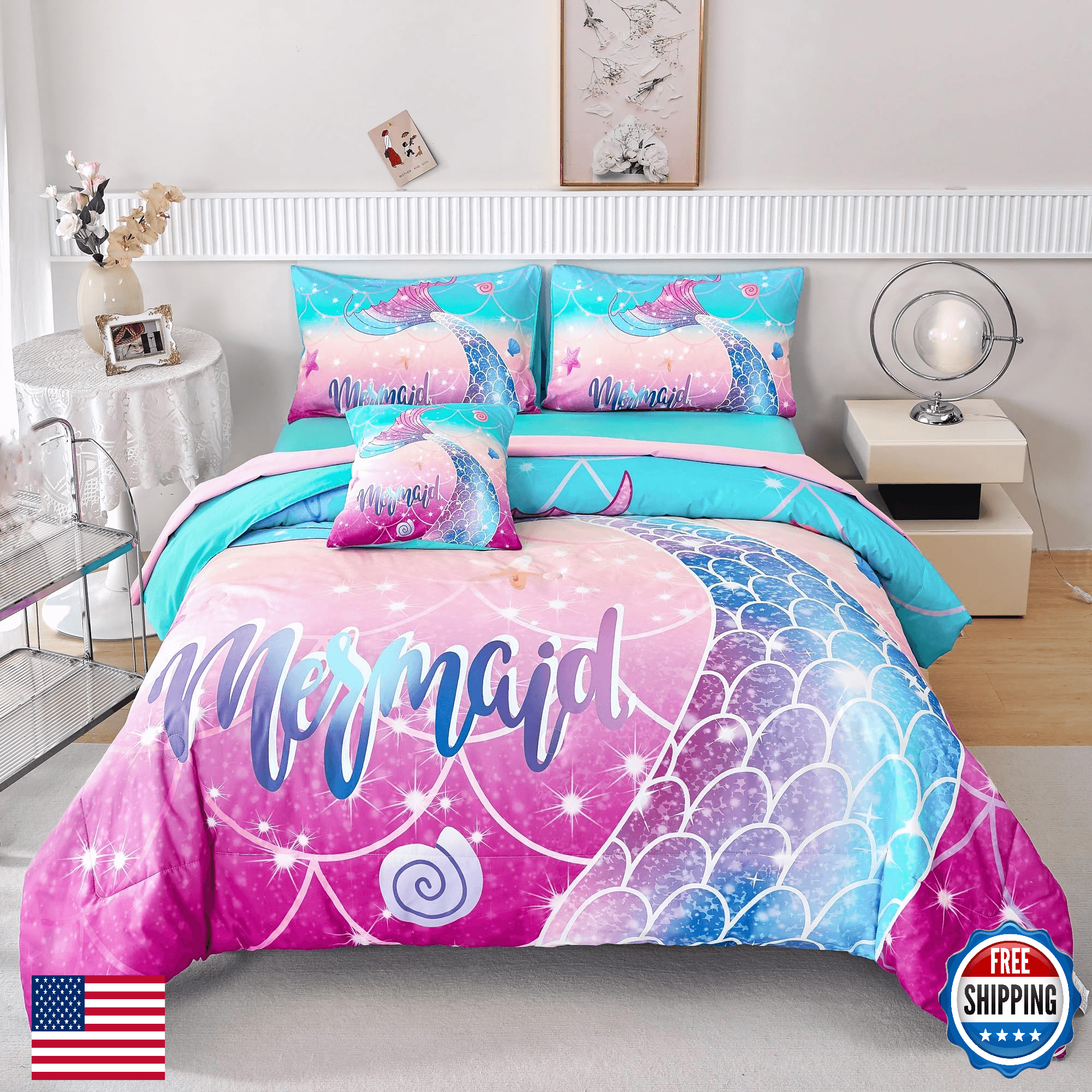 RYNGHIPY 6Pc Mermaid Comforter Set Twin, Fish Tail Bed in a Bag, Girls Kids - Image 1