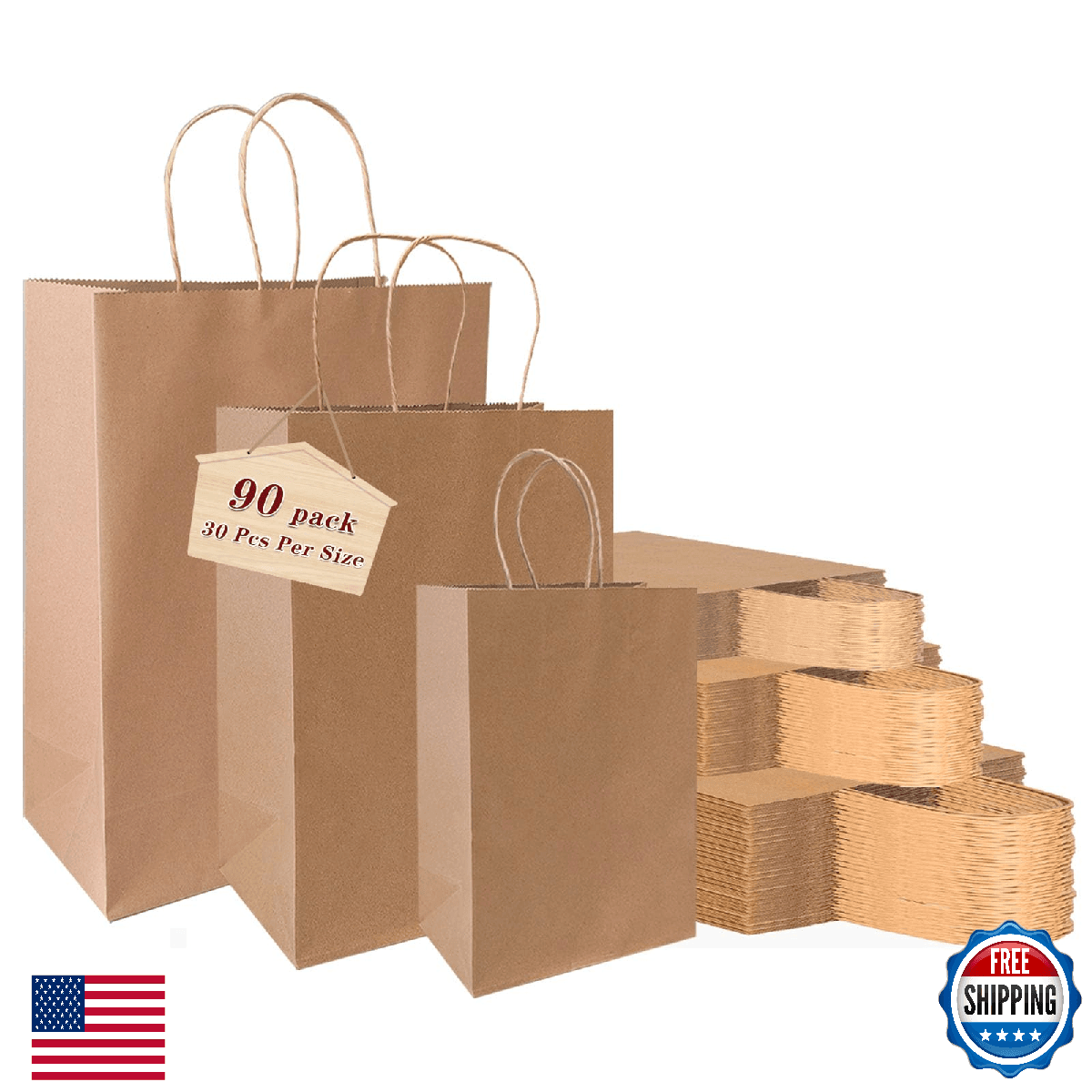 VANHEL 90PK Kraft Paper Gift Bags w/ Handles - Assorted S, M, L Bulk - Image 1