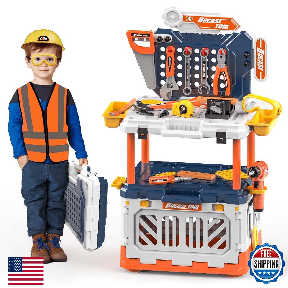 Kids Tool Bench, 4-in-1 Toy Workbench, Storage, Electric Drill, 90 Pcs Set - Image 1