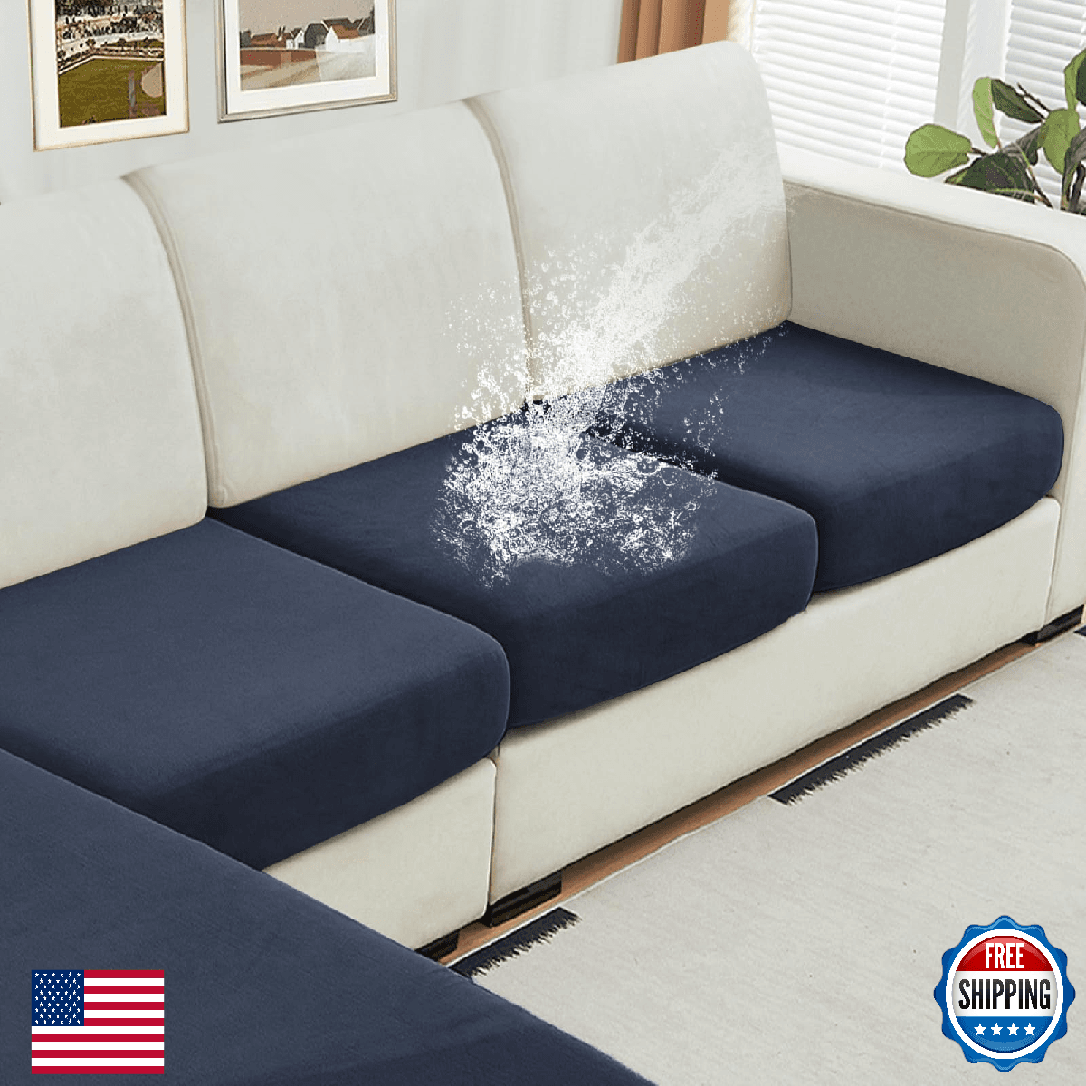 NAISI Waterproof Velvet Sofa Cushion Covers - 3-Piece Sectional, Navy - Image 1