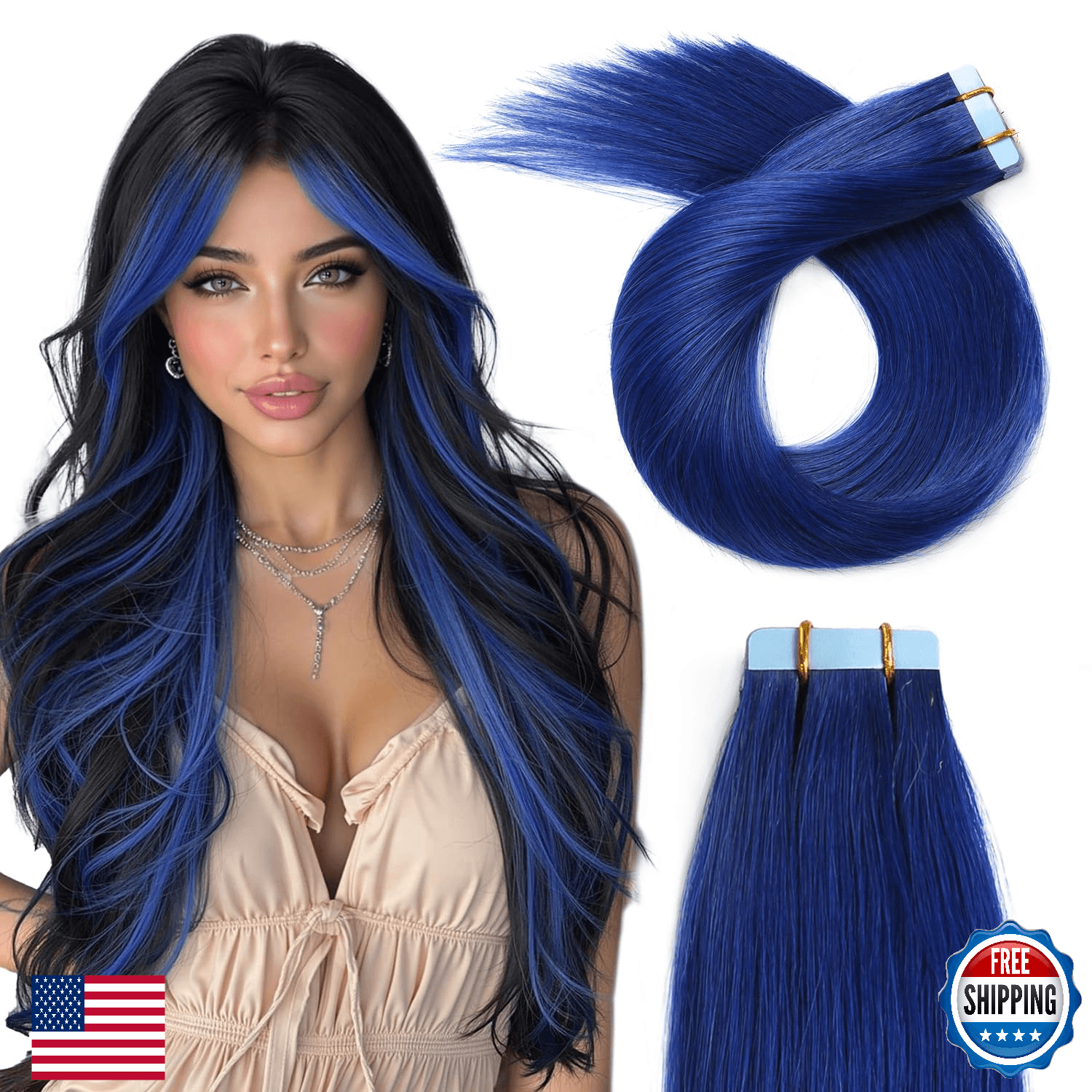 YILITE 20pc Blue Remy Tape-In Human Hair Extensions 16in 40g Seamless Skin - Image 1