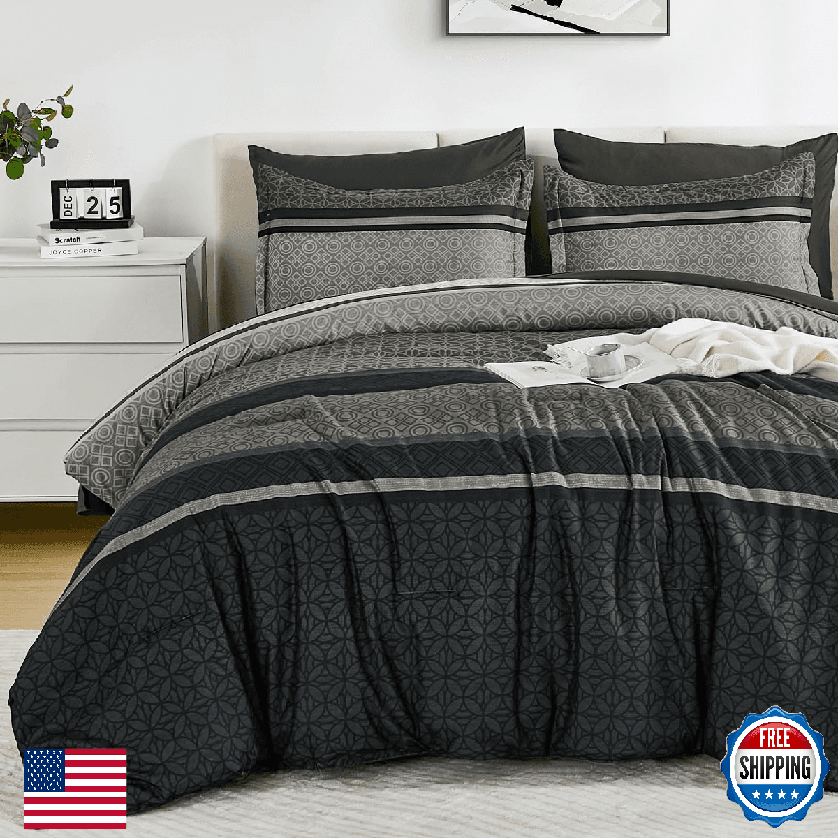 WONGS BEDDING King 7-Piece Dark Grey Black Striped Comforter & Sheet Set - Image 1