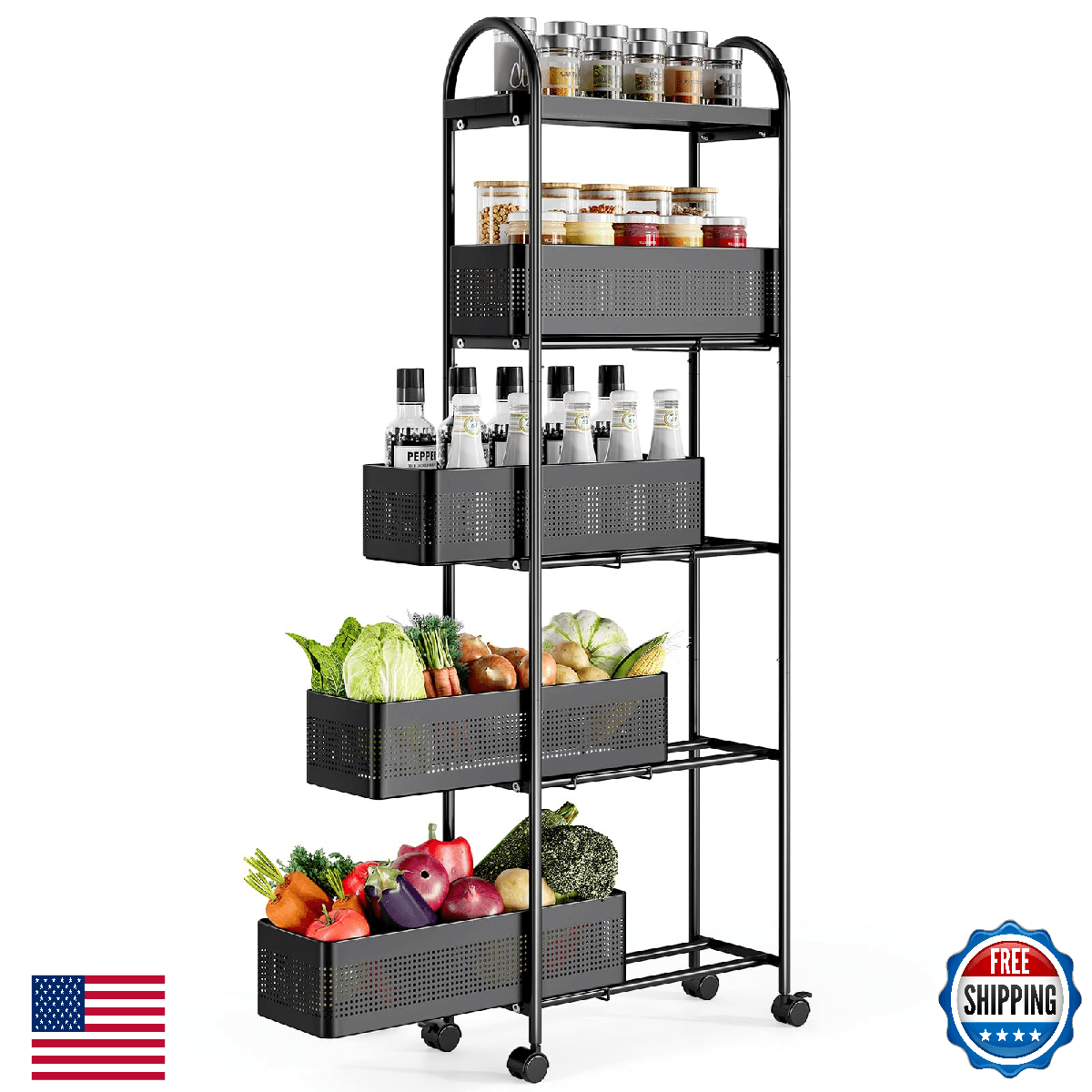 KINGRACK 5-Tier Slim Storage Cart with Pull Out Basket, Rolling Bathroom Organiz - Image 1
