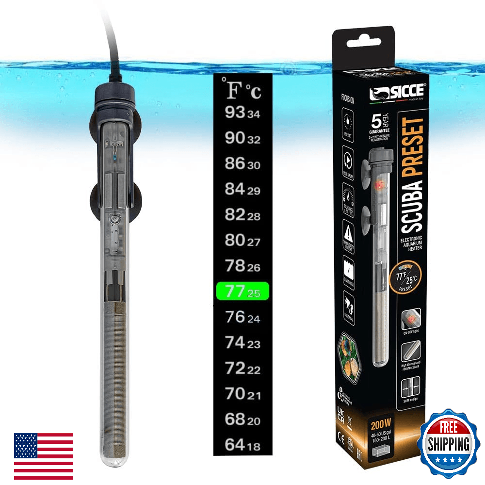Sicce Scuba 200W Aquarium Heater - Preset 77°F for up to 60 Gallon Tank - Image 1