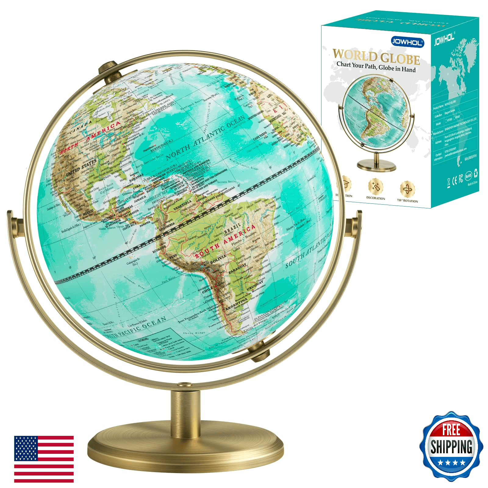 JOWHOL 8" World Globe with Gold Stand 720° Rotating - Kids & Adults Learning - Image 1