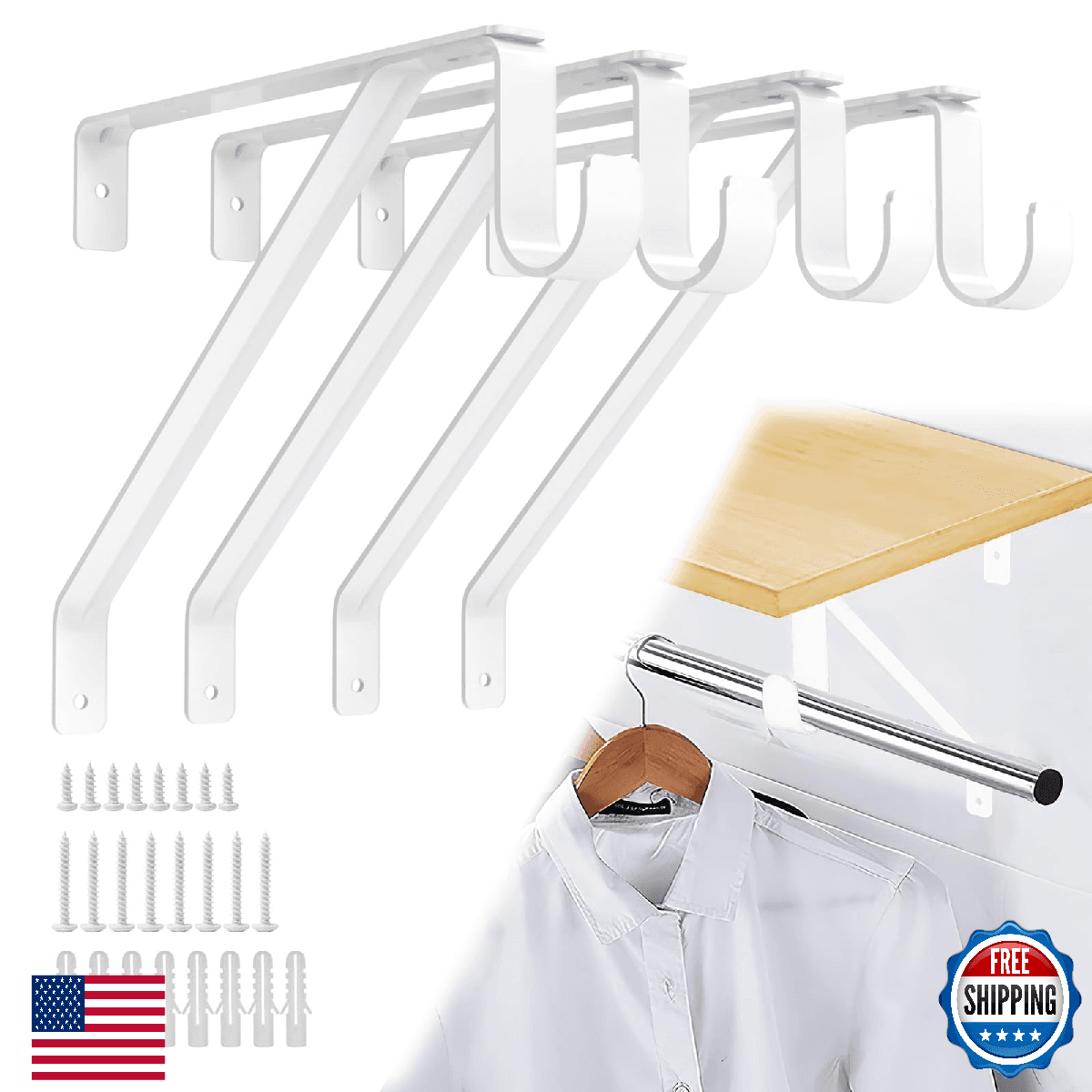 Pisman Heavy Duty Adjustable Closet Rod Bracket White 10in Shelf Support 4-Pack - Image 1