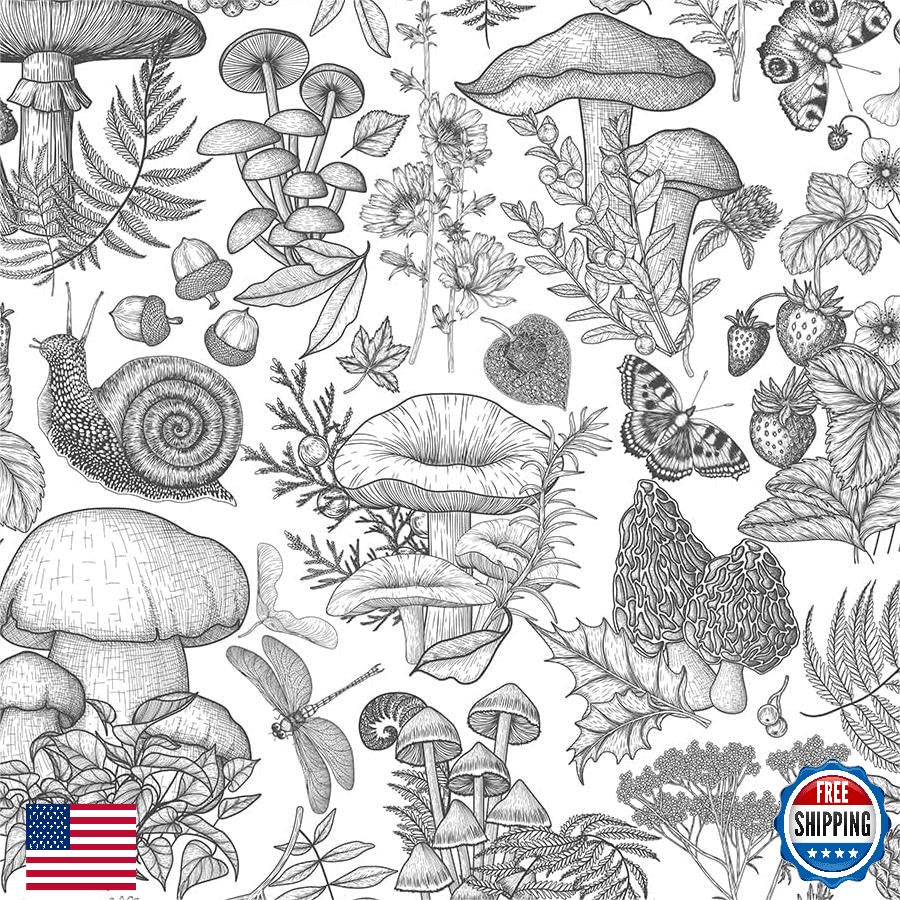 MuralPeel Black and White Mushroom Snail Butterfly Botanical Animals Peel and St - Image 1
