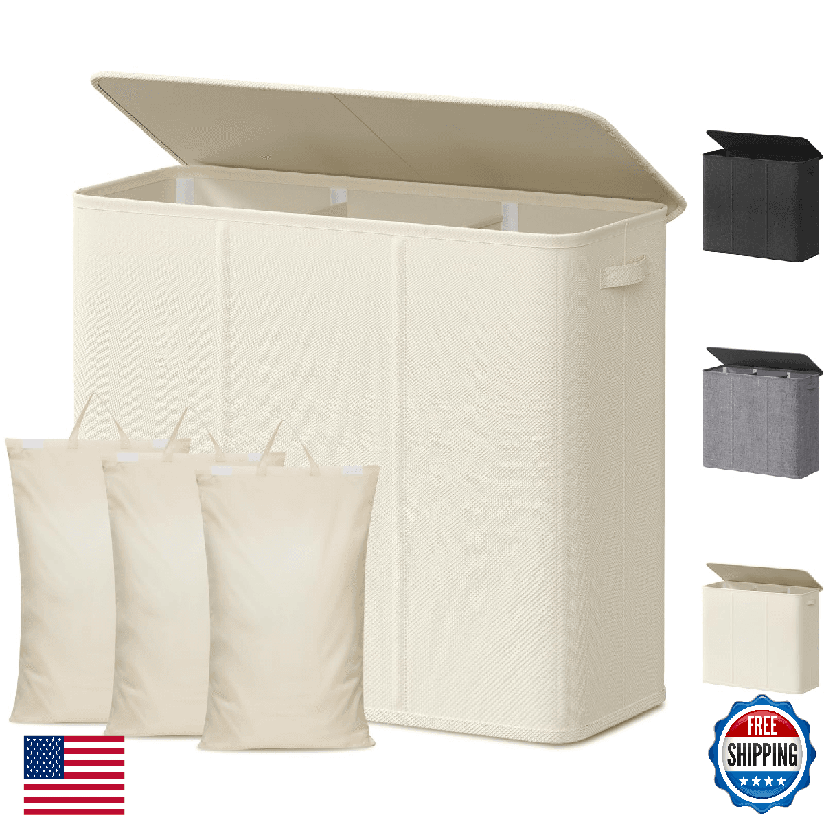 Lifewit Triple Laundry Hamper with Lid and Removable Laundry Bags, Large Collaps - Image 1